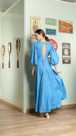 Load image into Gallery viewer, 3/4 Mushroom Sleeve Open Back Wrap Long Dress — Azure Blue
