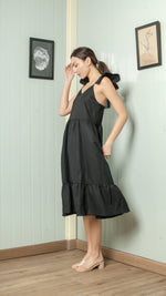 Load image into Gallery viewer, Adjustable Scallop Shoulder Detail Shirred Dress — Black
