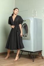 Load image into Gallery viewer, Short Mushroom Sleeve Wrap Midi Dress — Black
