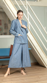 Load image into Gallery viewer, Single Button Wide Hem Elastic Pants — Blue
