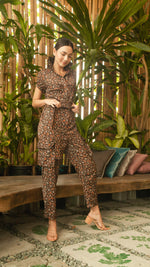 Load image into Gallery viewer, Short Sleeve Tapered Jumpsuit — Brown Floral

