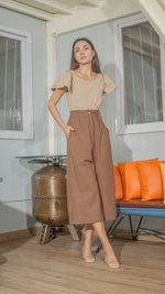 Load image into Gallery viewer, Single Button Front Zip Flat Front Waistband Back Elastic Wide Hem Pants — Dark Brown

