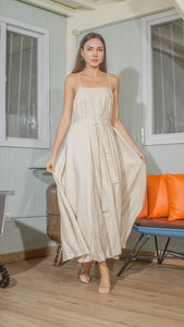 Spaghetti Strap Balloon Dress in Beige Linen