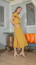 Load image into Gallery viewer, Single Button Front Zip Flat Front Waistband Back Elastic Wide Hem Pants — Mustard
