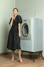 Load image into Gallery viewer, Short Mushroom Sleeve Wrap Midi Dress — Black
