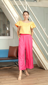 Single Button Flat Front Waistband Back Elastic Wide Hem Pants — Hot Pink