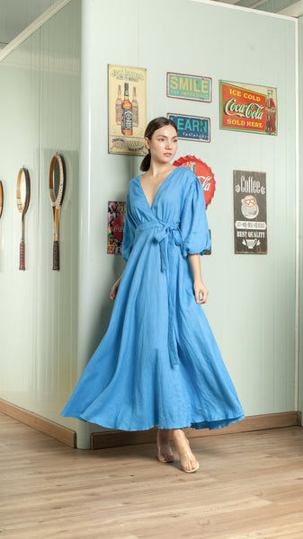 3 4 Mushroom Sleeve Open Back Wrap Long Dress Azure Blue Una Ricci