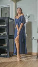 Load image into Gallery viewer, Flounce Cutout Sleeve Double Slit Front Dress in Navy Blue Crepe
