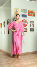 Load image into Gallery viewer, 3/4 Mushroom Sleeve Open Back Wrap Long Dress — Taffy Pink
