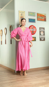 3/4 Mushroom Sleeve Open Back Wrap Long Dress — Taffy Pink