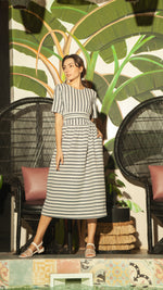 Load image into Gallery viewer, Shirred Waist Stripe Dress — Vertical Blue on Top
