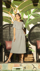 Shirred Waist Stripe Dress — Vertical Blue on Top