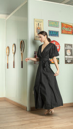 Load image into Gallery viewer, Short Mushroom Sleeve Wrap Long Dress — Black
