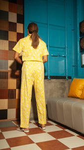 Front Zip Lapel Tapered Jumpsuit — Yellow Floral