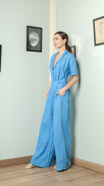 Load image into Gallery viewer, Four Button Lapel Wide Hem Jumpsuit — Azure Blue
