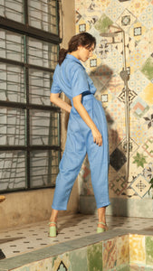 Oversized Short Sleeve Baggy Jumpsuit — Bright Blue