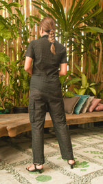 Load image into Gallery viewer, Short Sleeve Tapered Jumpsuit — Black Eyelet
