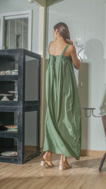 Load image into Gallery viewer, Tie Back Ribbon Dress in Green Lightweight Cotton Weave
