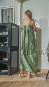 Tie Back Ribbon Dress in Green Lightweight Cotton Weave