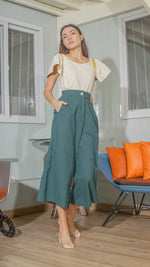 Load image into Gallery viewer, Single Button Front Zip Flat Front Waistband Back Elastic Wide Hem Pants — Dark Emerald
