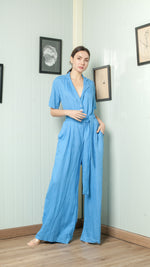 Load image into Gallery viewer, Four Button Lapel Wide Hem Jumpsuit — Azure Blue
