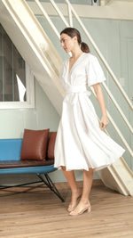 Load image into Gallery viewer, Short Mushroom Sleeve Wrap Midi Dress — White
