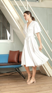 Short Mushroom Sleeve Wrap Midi Dress — White