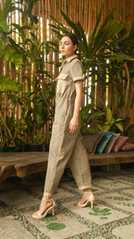 Load image into Gallery viewer, Elastic Waist Oversized Short Sleeve Baggy Jumpsuit — Checkered / Khaki
