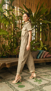 Elastic Waist Oversized Short Sleeve Baggy Jumpsuit — Checkered / Khaki