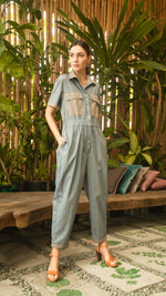 Load image into Gallery viewer, Elastic Waist Oversized Short Sleeve Baggy Jumpsuit — Light Blue / Light Brown
