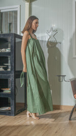 Load image into Gallery viewer, Tie Back Ribbon Dress in Green Lightweight Cotton Weave
