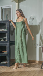 Load image into Gallery viewer, Tie Back Ribbon Dress in Green Lightweight Cotton Weave
