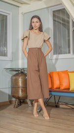 Load image into Gallery viewer, Single Button Front Zip Flat Front Waistband Back Elastic Wide Hem Pants — Dark Brown
