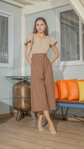 Single Button Front Zip Flat Front Waistband Back Elastic Wide Hem Pants — Dark Brown
