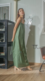 Load image into Gallery viewer, Tie Back Ribbon Dress in Green Lightweight Cotton Weave
