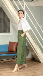 Load image into Gallery viewer, Single Button Flat Front Waistband Back Elastic Wide Hem Pants — Army Green
