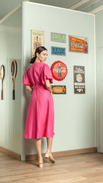 Load image into Gallery viewer, Short Mushroom Sleeve Wrap Midi Dress — Hot Pink
