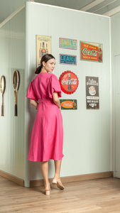 Short Mushroom Sleeve Wrap Midi Dress — Hot Pink