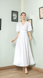 Load image into Gallery viewer, Short Mushroom Sleeve Wrap Long Dress — White
