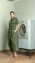 Load image into Gallery viewer, Oversized Short Sleeve Baggy Jumpsuit — Army Green
