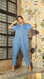 Load image into Gallery viewer, Oversized Short Sleeve Baggy Jumpsuit — Bright Blue
