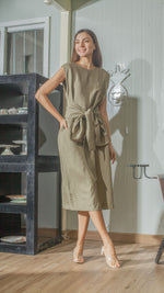 Load image into Gallery viewer, Wide Wrap Belt Dress — Fatigue Green Linen
