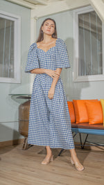 Load image into Gallery viewer, Double Front Pleat Wide Leg Pants in White and Blue Gingham Linen
