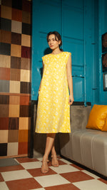 Load image into Gallery viewer, Wide Wrap Belt Dress — Yellow Floral
