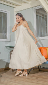 Spaghetti Strap Balloon Dress in Beige Linen