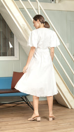 Load image into Gallery viewer, Short Mushroom Sleeve Wrap Midi Dress — White

