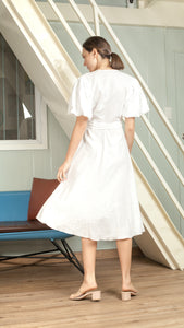 Short Mushroom Sleeve Wrap Midi Dress — White