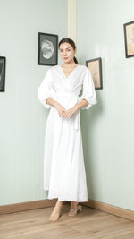 Load image into Gallery viewer, 3/4 Mushroom Sleeve Open Back Wrap Long Dress — White
