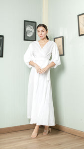3/4 Mushroom Sleeve Open Back Wrap Long Dress — White