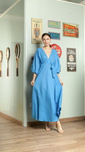 3/4 Mushroom Sleeve Open Back Wrap Long Dress — Azure Blue